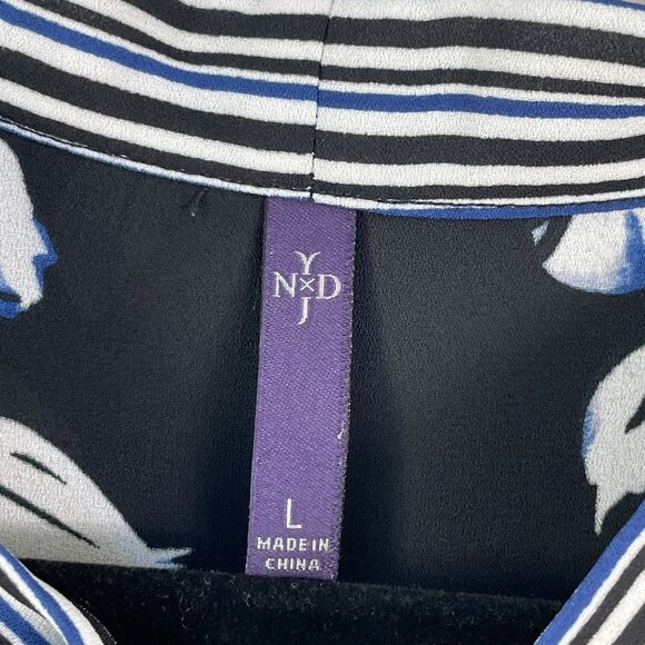 Nydj Womens Large Blue White Black Floral Tie Neck Blouse Long Sleeve Shirt Top - Picture 4 of 11